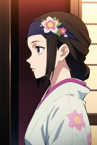 kimetsu no yaiba style, 1girl, solo, japanese clothes, kimono, blue eyes, short hair, hair over shoulder, braid, floral print, brown hair, upper body, anime coloring, black headband, side profile, light, 