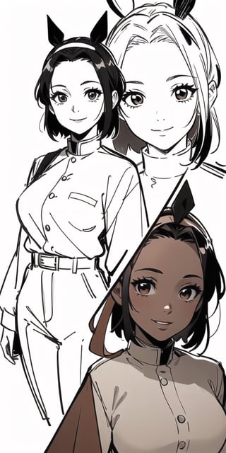 1girl, masterpiece, extremely detailed face, lineart, sketch art, standing still, front view ,line anime, smiling, short hair, black headband, demon slayer uniform, chest exposed, attractive female, brown skin