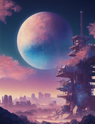 A detailed Semi fantastic Landscape japanese in space, steampunk city, cyberpunk city, Starry sky, extravagant vegetat, an elegant and intricate scene of a multicolored desert full of shimmering lights, with smooth curves and sharp focus, vibrant colors, landscape style of Jim Lee fantasy art, watercolor effect, bokeh, Adobe Illustrator, hand-drawn, digital painting, low-poly, soft lighting, retro aesthetic, 4K resolution, super detailed, photorealistic rendering, using Cinema 4D  
