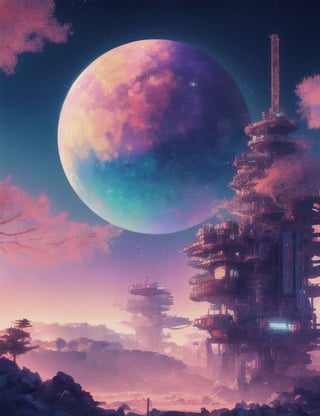 A detailed Semi fantastic Landscape japanese in space, steampunk city, cyberpunk city, Starry sky, extravagant vegetat, an elegant and intricate scene of a multicolored desert full of shimmering lights, with smooth curves and sharp focus, vibrant colors, landscape style of Jim Lee fantasy art, watercolor effect, bokeh, Adobe Illustrator, hand-drawn, digital painting, low-poly, soft lighting, retro aesthetic, 4K resolution, super detailed, photorealistic rendering, using Cinema 4D  
