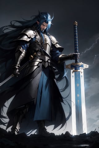Dark,  atmospheric and contemplative bearded 30_year_old male elf viking warrior with huge_sword, yellow thunder, dark_blue_hair , blue_armor, blue armor,  blue_beard,  long and spiky_hair,  dark blue_hair,  amber_eyes,  white skin,  leather details. thunders,  lightning. Cloud Strife Buster Sword, blue and gold. Castles in the background, depth_of_field, long_hair, looking_at_viewer, man, pointy_ears, solo,MECHA,Germany Male,vash the stampede,  spread hair,  sad atmosphere,  sadness,  sword blade stucked on the ground,  long_hair,  ((buster_sword,  huge_sword,  holding_sword,  )):6, monochrome,  sketch,  Germany Male,  r1ge,  ink,ink