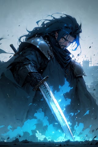 Dark,  atmospheric and contemplative bearded 30_year_old male elf viking warrior with huge_sword, yellow thunder, dark_blue_hair , blue_armor, blue armor,  blue_beard,  long and spiky_hair,  dark blue_hair,  amber_eyes,  white skin,  leather details. thunders,  lightning. Cloud Strife Buster Sword, blue and gold. Castles in the background, depth_of_field, long_hair, looking_at_viewer, man, pointy_ears, solo,MECHA,Germany Male,vash the stampede,  spread hair,  sad atmosphere,  sadness,  sword blade stucked on the ground,  long_hair,  ((buster_sword,  huge_sword,  holding_sword,  )):6, monochrome,  sketch,  Germany Male,  r1ge,  ink