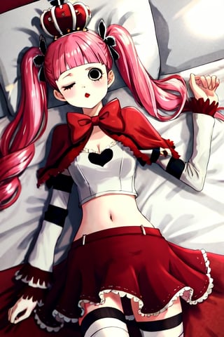 PeronaChan, 1girl, pink hair, black eyes, blunt bangs, drill hair, red lipstick, twintails, crown, (white and black striped stockings), red boots, red capelet, white shirt with sleeves, red skirt, midriff, perfect anatomy, solo, closed eyes, bed, laying down, upper_body, bed time, relaxed expression