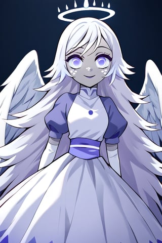 Emily, 1girl, angel, angel wings, purple eyes, colored skin, grey skin, white freckles, halo, light blue sclera, long hair, closed mouth, petite, smile, very long hair, white dress, long purple puffy sleeves, purple sash, white elbow fingerless gloves, white hair, perfect anatomy, female_solo, (insanely detailed, beautiful detailed face, masterpiece, best quality), score_9, score_8_up, score_7_up, highest quality, 8K, RAW photo, kimetsu_no_yaiba_style