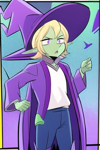 Taako, 1boy, elf, colored skin, mint green skin, blonde hair, long pointy ears, pointy nose, purple eyes, purple witch hat, long purple robe, white blouse, dark blue pants, dark blue boots, navy blue skirt, perfect anatomy, solo