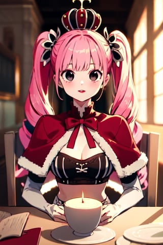 PeronaChan, 1girl, pink hair, black eyes, blunt bangs, drill hair, red lipstick, twintails, crown, (white and black striped stockings), red boots, red capelet, white shirt with sleeves, red skirt, midriff, perfect anatomy, female_solo, across table, candlelight table, first_person_pov, looking_at_viewer, upper_body