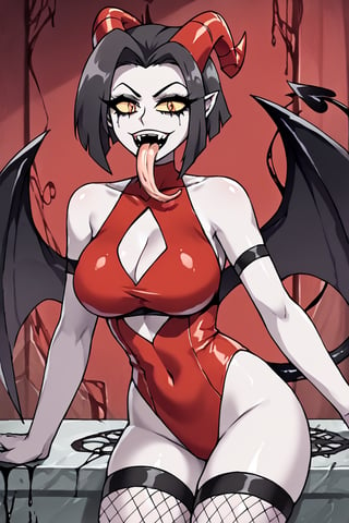 Lute, 1girl, demon, red demon wings, ((black hair)), short hair, pointy ears, ((yellow sclera)), red eyes, red demon horns, colored skin, white skin, red demon tail, red sleeveless leotard, red elbow gloves, fishnets, goth makeup, perfect anatomy, solo, (insanely detailed, beautiful detailed face, masterpiece, best quality), (sharp), score_9, score_8_up, score_7_up, score_6_up, highest quality, 8K, RAW photo, source_anime, perfect face, ((large tongue)), tongue out, ((long tongue)), sharp_teeth, black slime, black tentacles, corruption