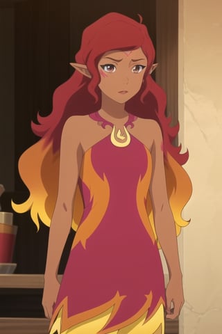 Azari Firedancer, 1girl, dark skin, red hair, brown eyes, gradient hair, red dress, pointy ears, perfect anatomy, female_solo