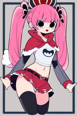 PeronaChan, 1girl, pink hair, black eyes, blunt bangs, drill hair, red lipstick, twintails, crown, (white and black striped stockings), red boots, red capelet, white shirt with sleeves, red skirt, midriff, perfect anatomy, female_solo, upper_body