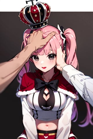 PeronaChan, 1girl, pink hair, black eyes, blunt bangs, drill hair, red lipstick, twintails, crown, (white and black striped stockings), red boots, red capelet, white shirt with sleeves, red skirt, midriff, perfect anatomy, female_solo, upper_body, HeadpatPOV, first_person_pov