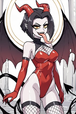 Lute, 1girl, demon, red demon wings, ((black hair)), short hair, pointy ears, ((yellow sclera)), red eyes, red demon horns, colored skin, white skin, red demon tail, red sleeveless leotard, red elbow gloves, fishnets, goth makeup, perfect anatomy, solo, (insanely detailed, beautiful detailed face, masterpiece, best quality), (sharp), score_9, score_8_up, score_7_up, score_6_up, highest quality, 8K, RAW photo, source_anime, perfect face, ((large tongue)), tongue out, ((long tongue)), sharp_teeth, black slime, black tentacles, corruption