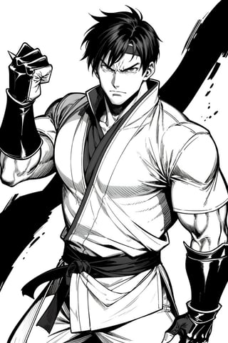 anime style, handsome martial artist male, short spiky hair, very tall, martial arts headband, dnd monk, angry face yelling, wearing open shirt. fit body six pack, wearing iron gauntlets, monochrome, white background, monochrome, white background,nestskyo