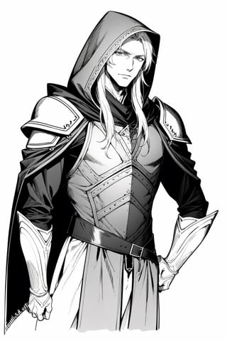 anime style, handsome male elf, long hair, very tall, elven hood, neutral face, wearing leather shoulder armor in one shoulder. monochrome, white background, tolkien elf, monochrome,monochrome
