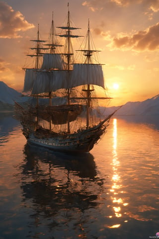 (((masterpiece))), (((best quality))), ((ultra-detailed)),  tall ship in lake, beautifull sunset  back ground, sun mirror on lake, cinematic light, ,chibi