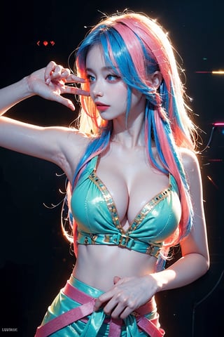 (((((((llustration ))))))),((((((masterpiece)))))),cinematiclighting,bloom,ray tracing,1girl,((Rainbow hair)),(((colorful))),float hair,  1girl,(white gradation hair),light pinklong hair,detailed cyberpunk city background,night,neon light,female focus on,mechanical arm,large breast, ((Masterpiece,best quality, beautifully painted,highly detailed)),blue eyes,intense angle,dramatic angle,dramatic  pose,  (hologram), ((circuitry)), ((translucent)), chromatic aberration,1 girl,jwy1,(waist_shot),jiyeonlorashy, nsfw