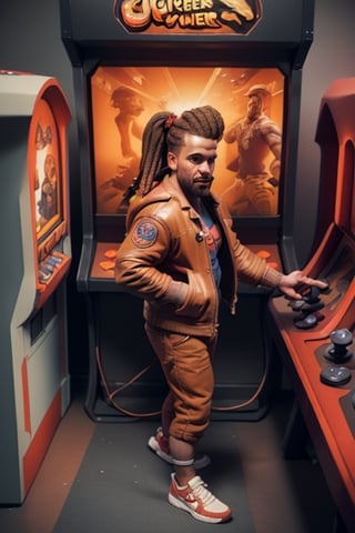 vintage 80s photo of a man, explorer type, with redhead Faux locs, Starter jacket, snap-button pants, Reebok Classics, (Video Game Arcade Tournament, Inside a competitive video game arcade, players gather for a high-stakes tournament of games like "Street Fighter" or "Mortal Kombat"), face in highlight, soft lighting, high quality, film grain, Fujifilm XT3 
