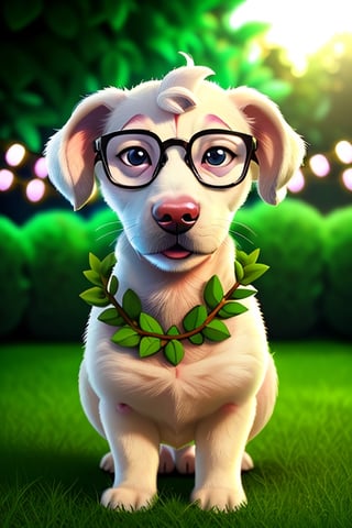 cinematic photo,  a portrait of a white puppy dog with glasses in party animals style,  in a garden, 35mm photograph, film, bokeh, professional, 4k, highly detailed
,Turtwig_Pokemon,cryptids