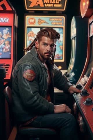 vintage 80s photo of a man, explorer type, with redhead Faux locs, Starter jacket, snap-button pants, Reebok Classics, (Video Game Arcade Tournament, Inside a competitive video game arcade, players gather for a high-stakes tournament of games like "Street Fighter" or "Mortal Kombat"), face in highlight, soft lighting, high quality, film grain, Fujifilm XT3 
