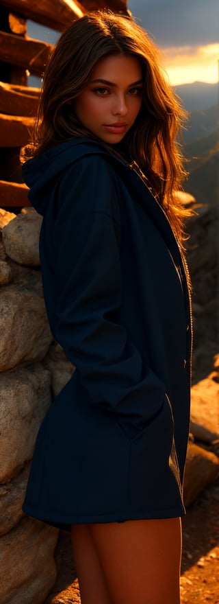 Cute girl, donning long locks and a grey winter coat, rustic wood log amidst the picturesque snowing Swiss mountains., 