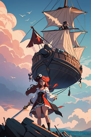 (best quality, masterpiece), 1girl, pirate girl, pirate dress, cloudy sky, pirate ship, sward
