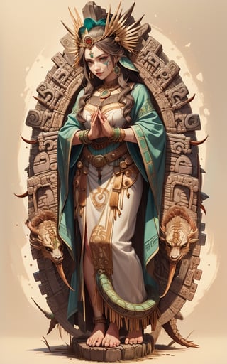 (masterpiece, top quality, best quality, highres) professional artwork. The virgin of Guadalupe as the aztec goddess Cihuacoatl. 1 aztec girl with her face painted half in red and half in black, on her head she wears a crown of feathers, dressed in a red blouse and a white skirt with micrurus snakes, snakes crawling at her feet, aztec jewelry, aztec motifs, standing over, own hands together, claws, sharp fingernails, green robe with a printing of stars, praying, fine art parody, tentacles, cartoon, 3d cartoon, hhmge, 3d style ,disney pixar, leonardo,fantasy, 3d toon style,gilr,woman,ancient aztec clothes,nodf_lora,bifang,horror (theme)