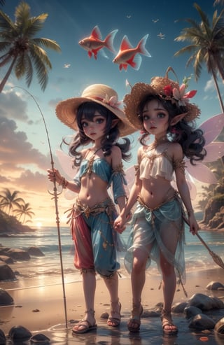 2girls, cute girls, adorned with vibrant emerald blue magical wings, detailed fairy wings, BREAK wearing straw hats and twin pony tails, pointy ears, colorful short pants, walking in a beach with palm trees, holding fishing rods and fish net and fishes, eeri dramatic red sunset, red sea, (masterpiece, best quality:1.5), monster, 3d cartoon, extremely detailed, dynamic angle, dark fantasy, fishes, butterfly_wings,h4l0w3n5l0w5tyl3DonMD4rk,fairy