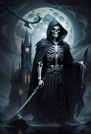 (masterpiece, top quality, best quality, highres) professional artwork, a detailed dark fantasy illustration, the grim reaper ((wrapped in a black cloak, skeleton face, holding a scythe)) sailing on the moonlight on a boat looks like a gothic medieval church, details of Stained glass, monster, DonMn1ghtm4reXL,Magical Fantasy style,ink scenery,cart00d,horror,schorror,gonggongshi,shuishen