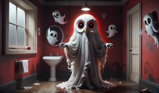 (masterpiece, top quality, best quality, highres) professional artwork, a floating owl head ghost with standing in a corner of a washroom now abandoned and in ruins, toilet and broken mirror, graffiti on the walls, owls painted on the walls, dirty floor, creepy and dark ambience with shades of red, (monster, ghost), horror, 3d, 3d cartoon,