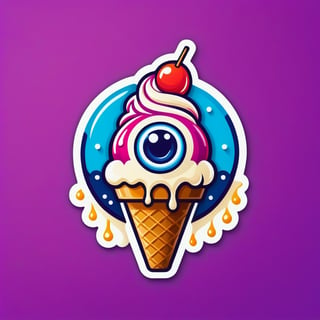 The logo features a combination of symbolic elements that represent fun. stylized ice cream with eyeball inside, Stylized logo showcases a simplified and iconic representation of a sticker company.