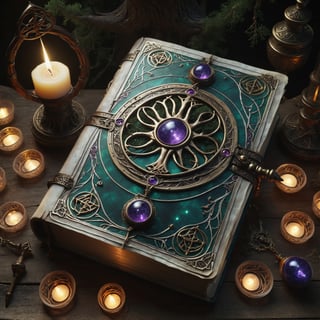 Top down view of a book (an ancient ornate intricate CLOSED old tome spell book with the sigil symbol of a TREE_OF_LIFE emblazoned on the cover), magical and mysterious atmosphere, cinematic, realistic, intricate detail,  hyperdetailed_iridescent_silk-thread-like_ornates, finely detailed, small details, extra detail, (LYING ON A WOOD TABLE around with hypeddetailed tarot cards)  photorealistic, high resolution, path tracing, volumetric lighting, octane render, arnold render, 16k artistic photography, photorealistic concept art, soft natural volumetric cinematic perfect light,DonMD34thM4g1cXL,Magical Fantasy style,more detail XL