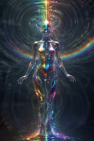 Hyper Detailed, Full Body Photo of a beautiful woman:alien, Sacret geometry alien spaceship background, rainbow Bioluminescent light, in the style of HR Giger and Alex Gray,Clear Glass Skin,monster,DonMCyb3rN3cr0XL ,more detail XL