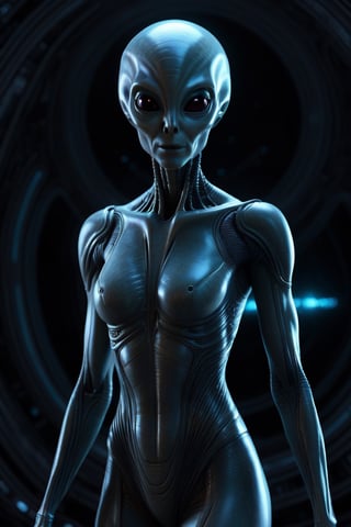 Hyper Detailed, Full Body Photo of a woman:alien, looking at the camera, filled  with satisfaction, Alien spaceship background, Bioluminescent, Holographic Octane render, CGI
