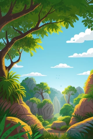KidsRedmAF daytime jungle habitat with monkeys,  plants,  rocks,  sky,  trees,  colorful,  vector art,