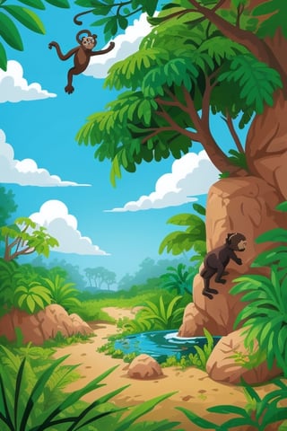 KidsRedmAF daytime jungle habitat with monkeys,  plants,  rocks,  sky,  trees,  colorful,  vector art,