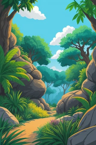 KidsRedmAF daytime jungle habitat with monkeys,  plants,  rocks,  sky,  trees,  colorful,  vector art,