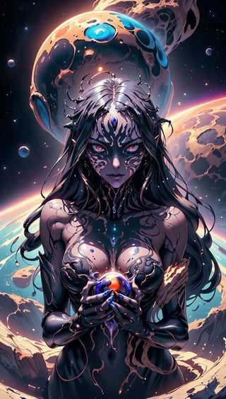 (best quality, masterpiece, perfect ratio, perfect face and body) A godlike women venom symbiote in space, holding in her hands and consuming planet earth in a endless cosmic void(official art, extreme detailed, highest detailed),DonMF41ryW1ng5,fantasy00d