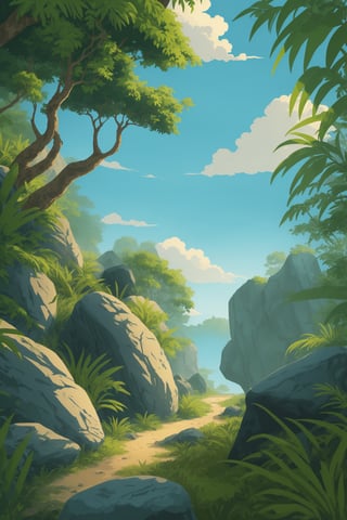 daytime jungle habitat with lions,  plants, rocks,  sky,  trees,  colorful,  vector art,