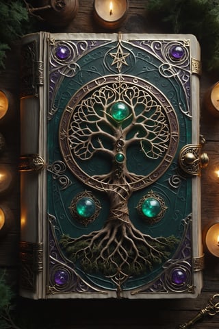 Top down view of a book (an ancient ornate intricate CLOSED old tome spell book with the sigil symbol of a TREE_OF_LIFE emblazoned on the cover), magical and mysterious atmosphere, cinematic, realistic, intricate detail,  hyperdetailed_iridescent_silk-thread-like_ornates, finely detailed, small details, extra detail, (LYING ON A WOOD TABLE around with hypeddetailed tarot cards)  photorealistic, high resolution, path tracing, volumetric lighting, octane render, arnold render, 16k artistic photography, photorealistic concept art, soft natural volumetric cinematic perfect light,DonMD34thM4g1cXL,Magical Fantasy style,more detail XL