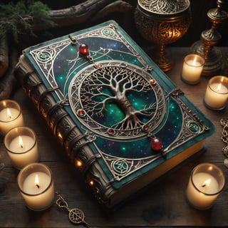 Top down view of a book (an ancient ornate intricate CLOSED old tome spell book with the sigil symbol of a TREE_OF_LIFE emblazoned on the cover), magical and mysterious atmosphere, cinematic, realistic, intricate detail,  hyperdetailed_iridescent_silk-thread-like_ornates, finely detailed, small details, extra detail, (LYING ON A WOOD TABLE around with hypeddetailed tarot cards)  photorealistic, high resolution, path tracing, volumetric lighting, octane render, arnold render, 16k artistic photography, photorealistic concept art, soft natural volumetric cinematic perfect light,DonMD34thM4g1cXL,Magical Fantasy style,more detail XL