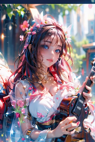 (masterpiece, best quality, highres:1.3), ultra resolution image, far view,(1girl), (solo), sitting ,play electric guitar ,kawaii, green flowing hair, long hair,huge breast:1.8,sakura kimono,lute,cute face, musical, surrounded by music notes, tokyo shinuya street background,(music filling the air:1.5), fantasy, harmony, melody, serene background:1.3),(magical, musical aura:1.3),  , 