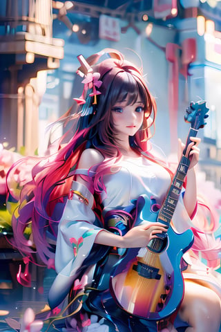 (masterpiece, best quality, highres:1.3), ultra resolution image, far view,(1girl), (solo), sitting ,play electric guitar ,kawaii, green flowing hair, long hair,huge breast:1.8,sakura kimono,lute,cute face, musical, surrounded by music notes, tokyo shinuya street background,(music filling the air:1.5), fantasy, harmony, melody, serene background:1.3),(magical, musical aura:1.3),  , 