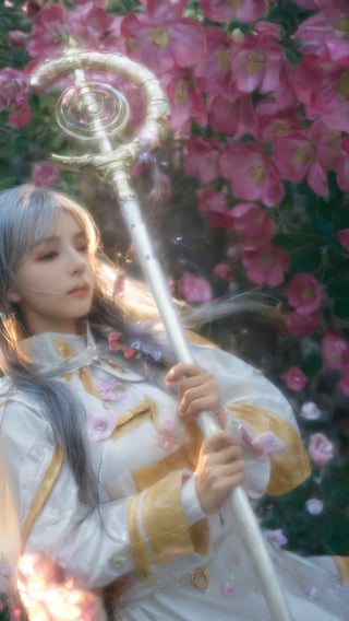 1girl, solo, long hair,silver hair, looking at viewer, long sleeves, holding, flower, parted lips, striped, petals, capelet, staff, striped shirt, holding magic wand,(bright colors:1.6), ssyy