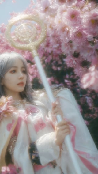 1girl, solo, long hair,silver hair, looking at viewer, long sleeves, holding, flower, parted lips, striped, petals, capelet, staff, striped shirt, holding magic wand,(bright colors:1.6), ssyy