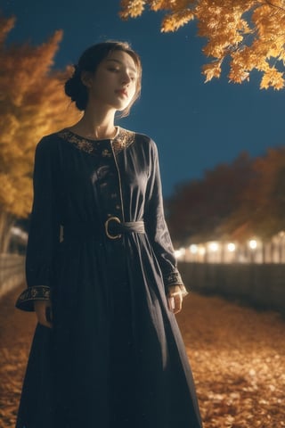 1girl, solo, ,full body, xxmixgirl, night, moon, trees, autumn_leaves