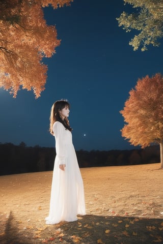 1girl, solo, ,full body, xxmixgirl, night, moon, trees, autumn_leaves