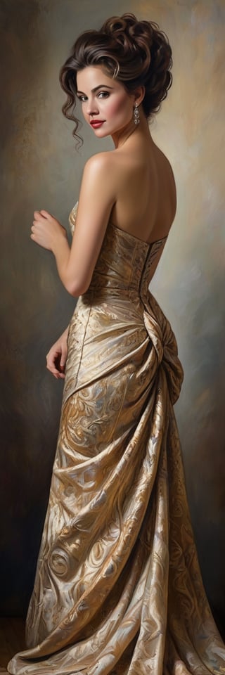 A richly textured oil painting of an elegant woman in a vintage gown, the thick brushstrokes giving life to her curled hair and the fabric’s intricate patterns,