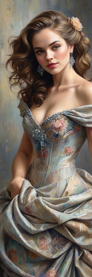 A richly textured oil painting of an elegant woman in a vintage gown, the thick brushstrokes giving life to her curled hair and the fabric’s intricate patterns,crystal_clear