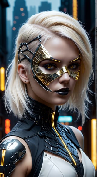 A cyber-noir portrait emerges: a young woman with platinum blonde hair contrasts against the ink-black cyberpunk cityscape veiled behind her. Her hair is undercut with neon tracers that emulate the city's electric veins, a stark silhouette against the night. She wears a high-tech dress, its white fabric edged with angular, black graphene accents. The dress, embossed with interactive gold leaf circuits, reacts with subtle luminescence to her movements. Half her face is obscured by a shattered porcelain mask, now integrated with obsidian-black nanofibers and golden circuitry that whirs silently, reflecting a world of shadows and artificial light. The mask's eye socket glows ominously, revealing her serious expression through a visor displaying cryptic data streams. Dramatic underlighting carves out her figure, casting her in a web of shadows and accentuating the fine, dark details of her cybernetic enhancements, crafting a portrait that is provocatively cyberpunk yet rooted in a dark, textured reality.
