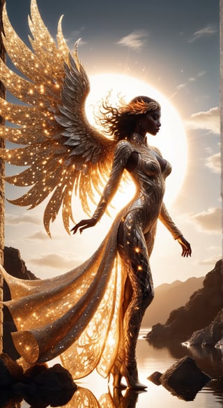 In a garden of fire and crystal, white, stands a breathtakingly beautiful woman. Intricate lattices of molten gold can be seen molded directly into her pearly white skin. This second skin, a blend of grace and brutality, glows with an inner light and reflects the desolate landscape around it. It frames her silhouette in the darkening light. Huge wings of fire, silhouettes, long shadows, beautiful sky, beautiful cape, reflections, black bodysuit,glitter