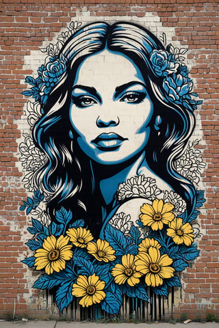 woman, flowers, stencil art, style Shepard Fairey, highly detailed, brick wall, white black blue yellow